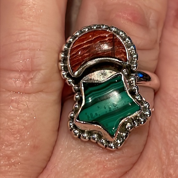 Moon & Star Ring Size 6 Sterling Silver Green South African Malachite & Jasper 6 - Picture 3 of 8